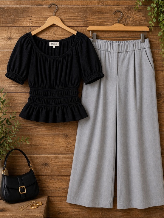 Maeve Pants - Maeve 3X Black Smocked Peplum Top with Banana Republic Light Gray Wide-Leg Pants